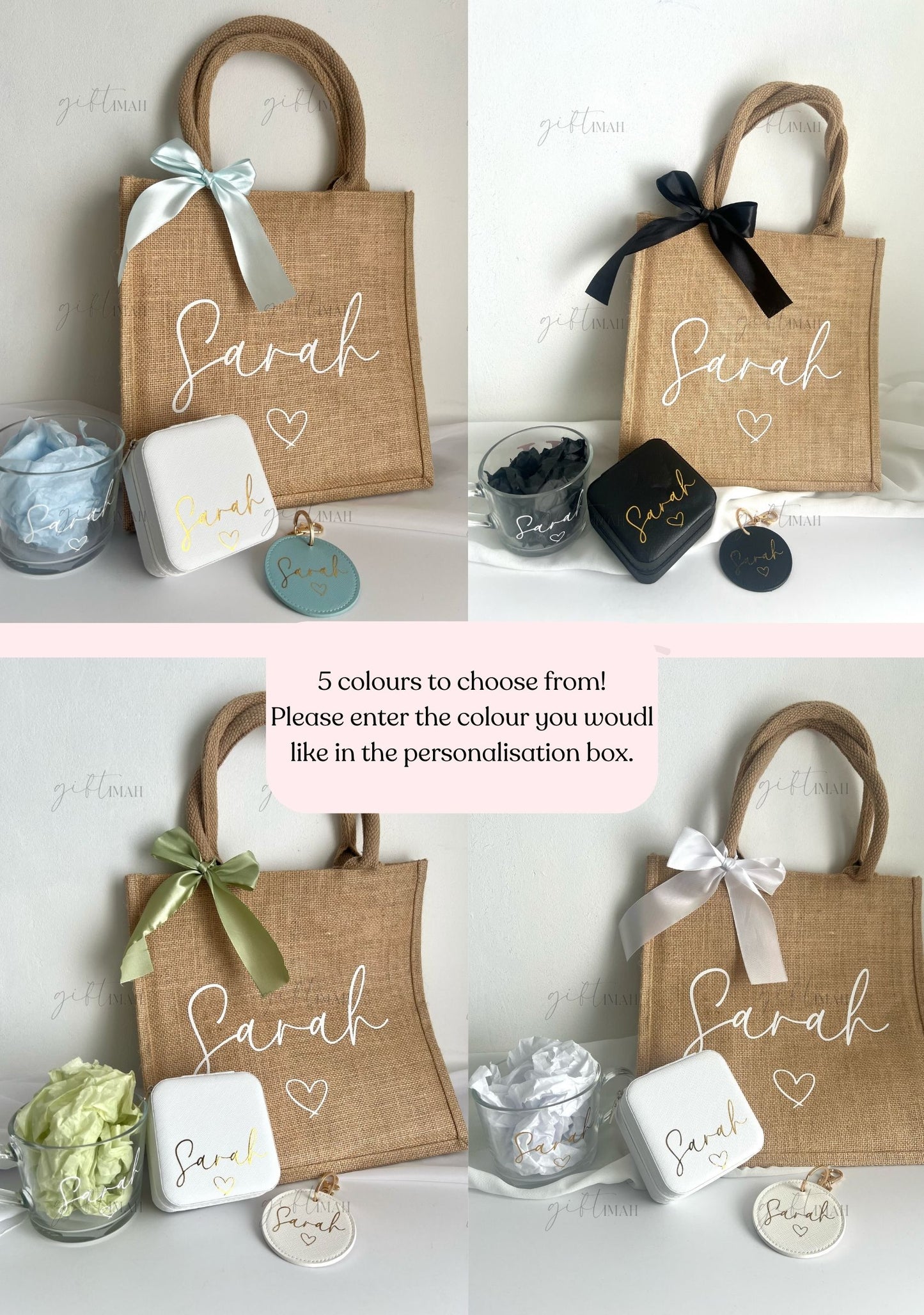 Personalised Glass Mug Burlap Bag Giftset | Available in 5 colours: Pink, Sage Green, Blue, Black, White