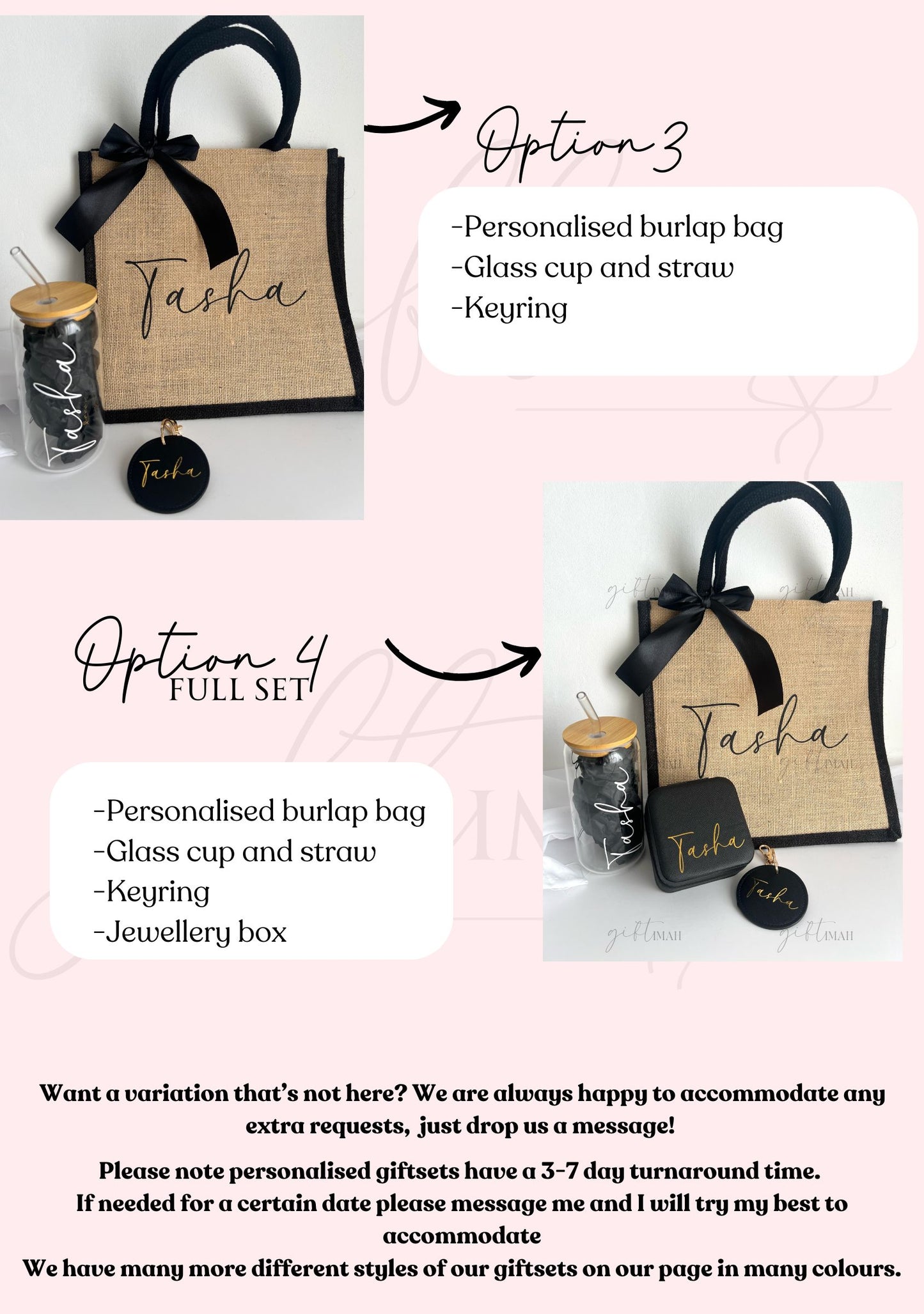 Personalised Glass Cup with Black Rim Burlap Bag Giftset