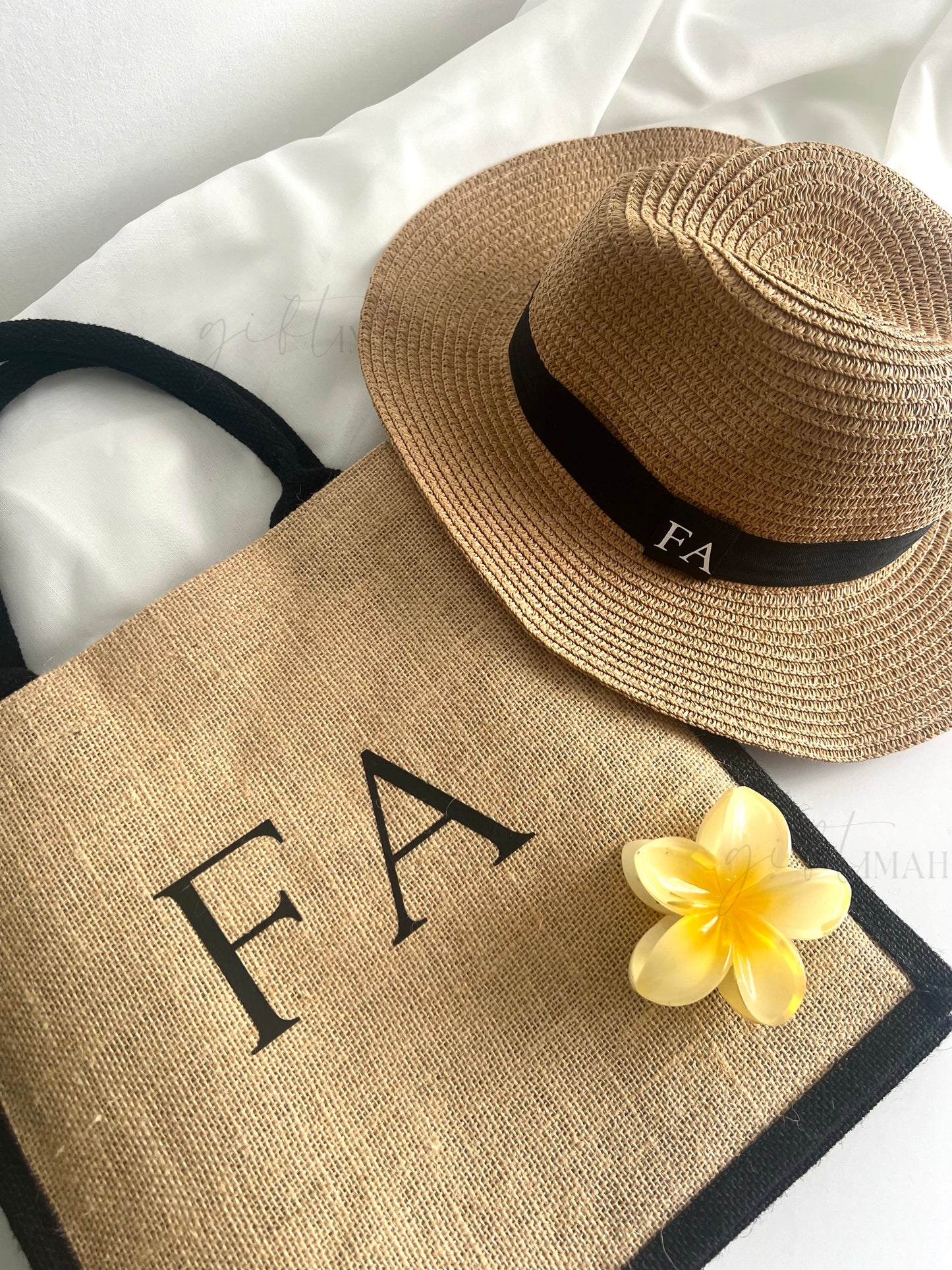 Personalised Woven Beach Sun Hat & Matching Beach Bag Set – Black Trim with Custom Initials