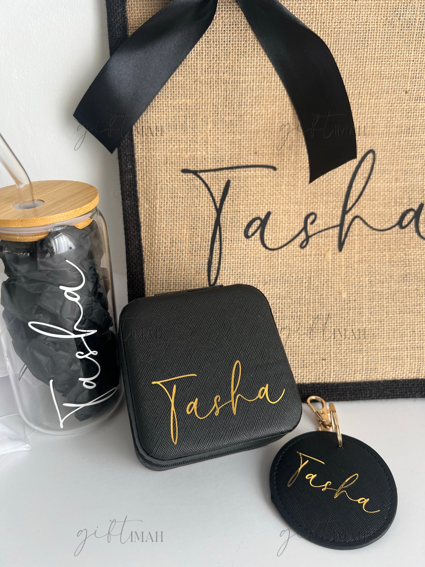 Personalised Glass Cup with Black Rim Burlap Bag Giftset
