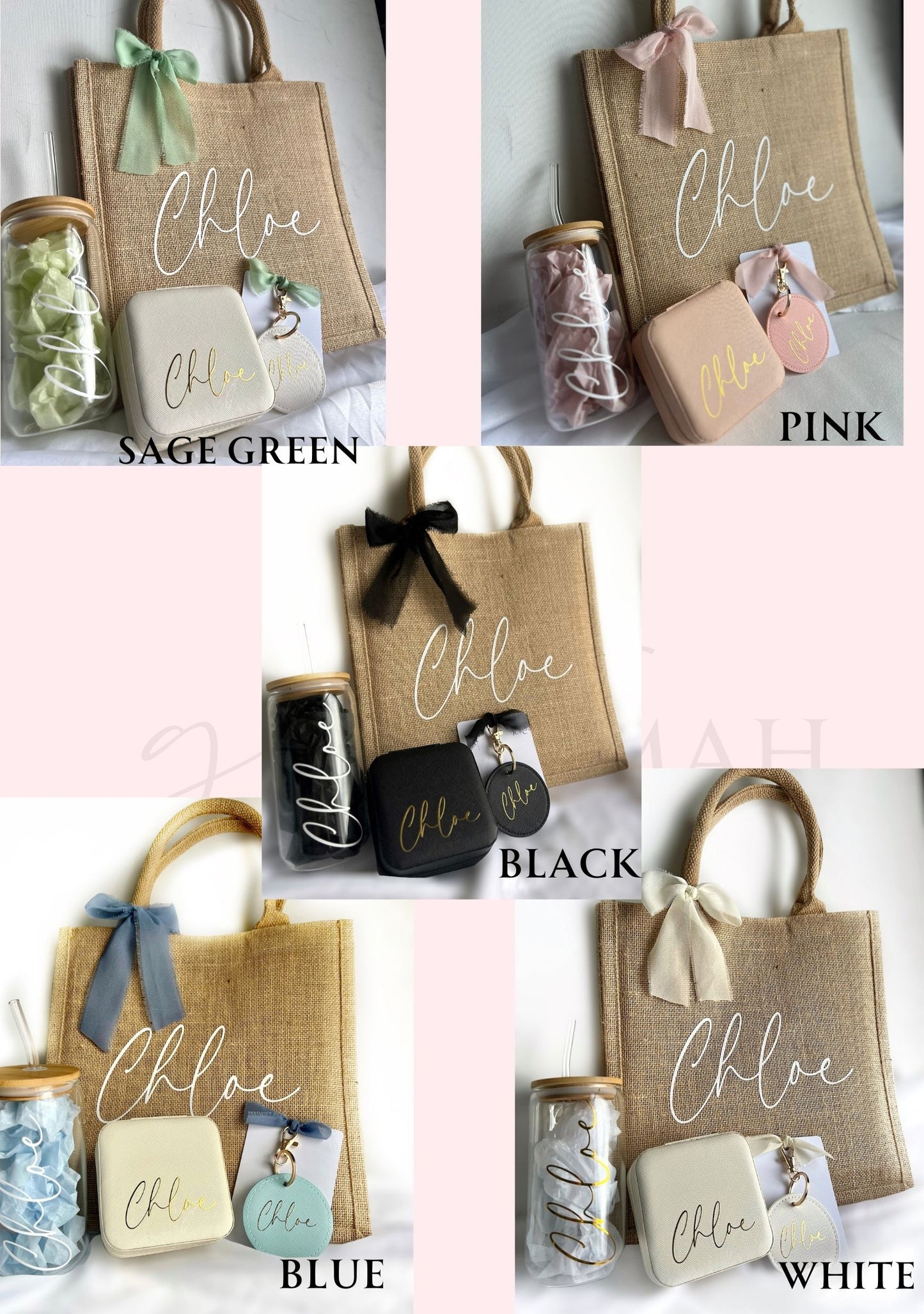 Personalised Glass Cup Burlap Bag Giftset | Available in 5 colours: Sage green, dusky pink, black, blue and white