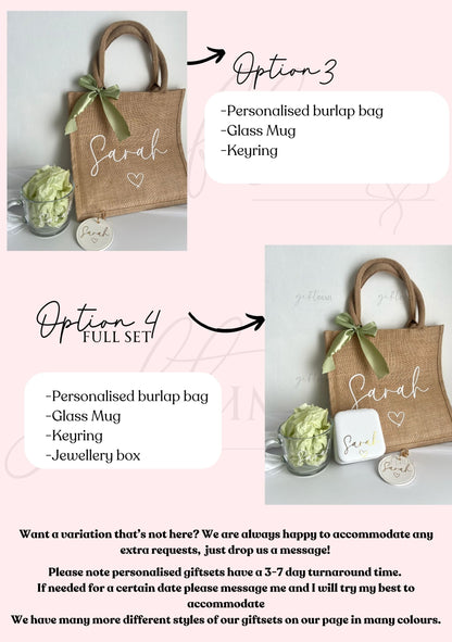 Personalised Glass Mug Burlap Bag Giftset | Available in 5 colours: Pink, Sage Green, Blue, Black, White