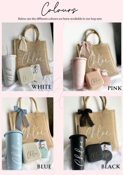 Personalised Cold Cup Burlap Bag Giftset | Available in 4 colours: Pink, Blue, Black, White