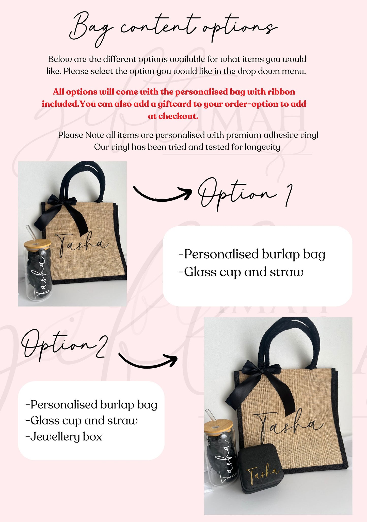 Personalised Glass Cup with Black Rim Burlap Bag Giftset