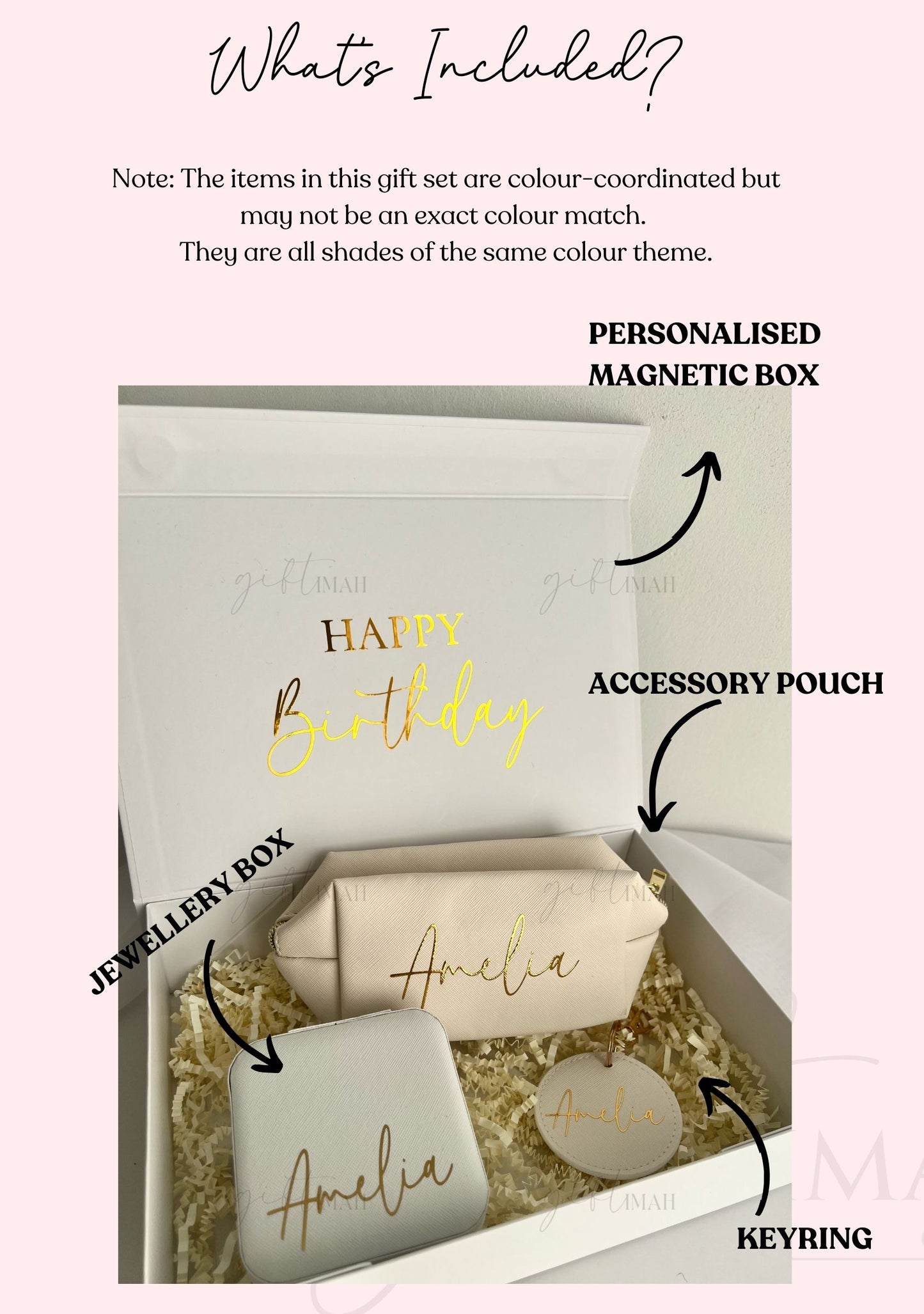 Personalised Filled Giftbox Accessory Set| Personalised with name| 3 Colours: Pink, White, Black