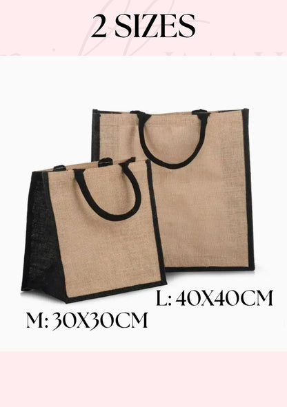 Personalised Black Rim Jute Beach Bag | 2 Sizes