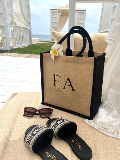 Personalised Black Rim Jute Beach Bag | 2 Sizes