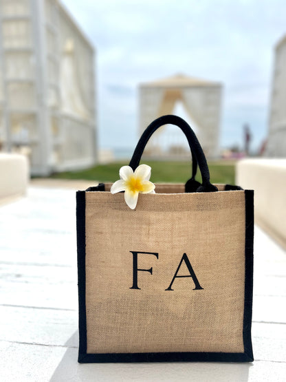 Personalised Black Rim Jute Beach Bag | 2 Sizes
