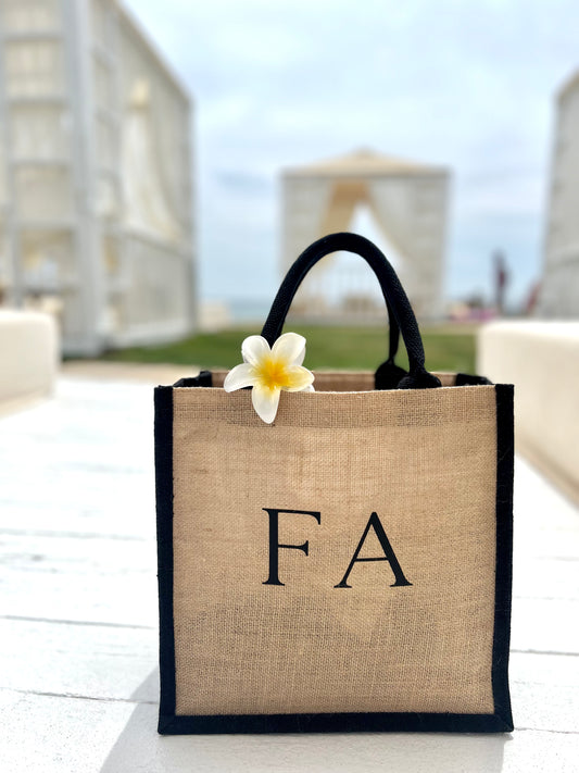 Personalised Black Rim Jute Beach Bag | 2 Sizes