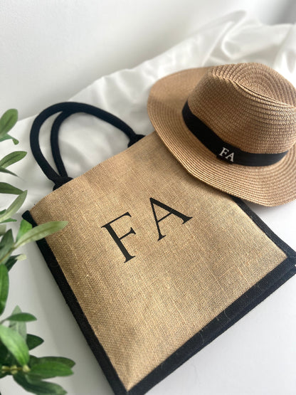 Personalised Woven Beach Sun Hat & Matching Beach Bag Set – Black Trim with Custom Initials