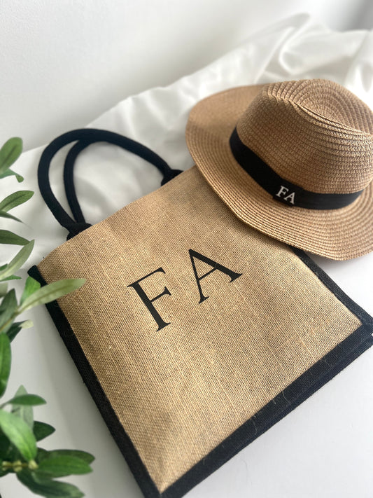 Personalised Woven Beach Sun Hat & Matching Beach Bag Set – Black Trim with Custom Initials