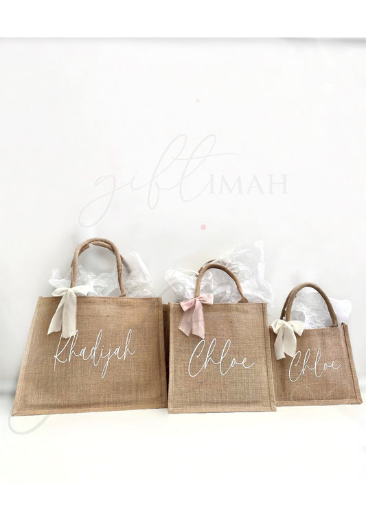 Personalised jute burlap  gift beach bag with frayed ribbon