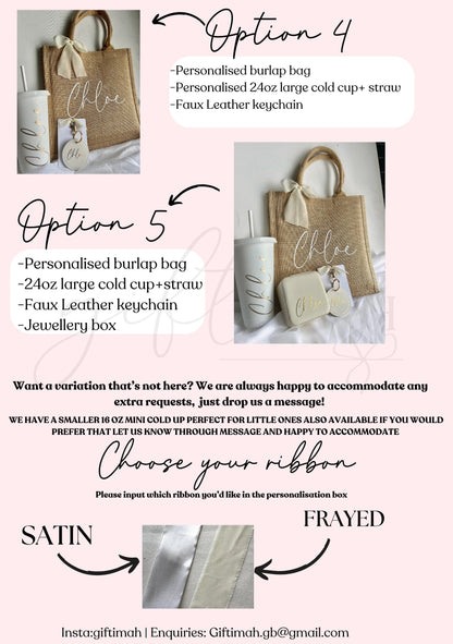 Personalised WHITE Cold cup jute burlap bag jewellery box keyring giftset,Personalised birthday giftset for her,Happy birthday gift,girlgift