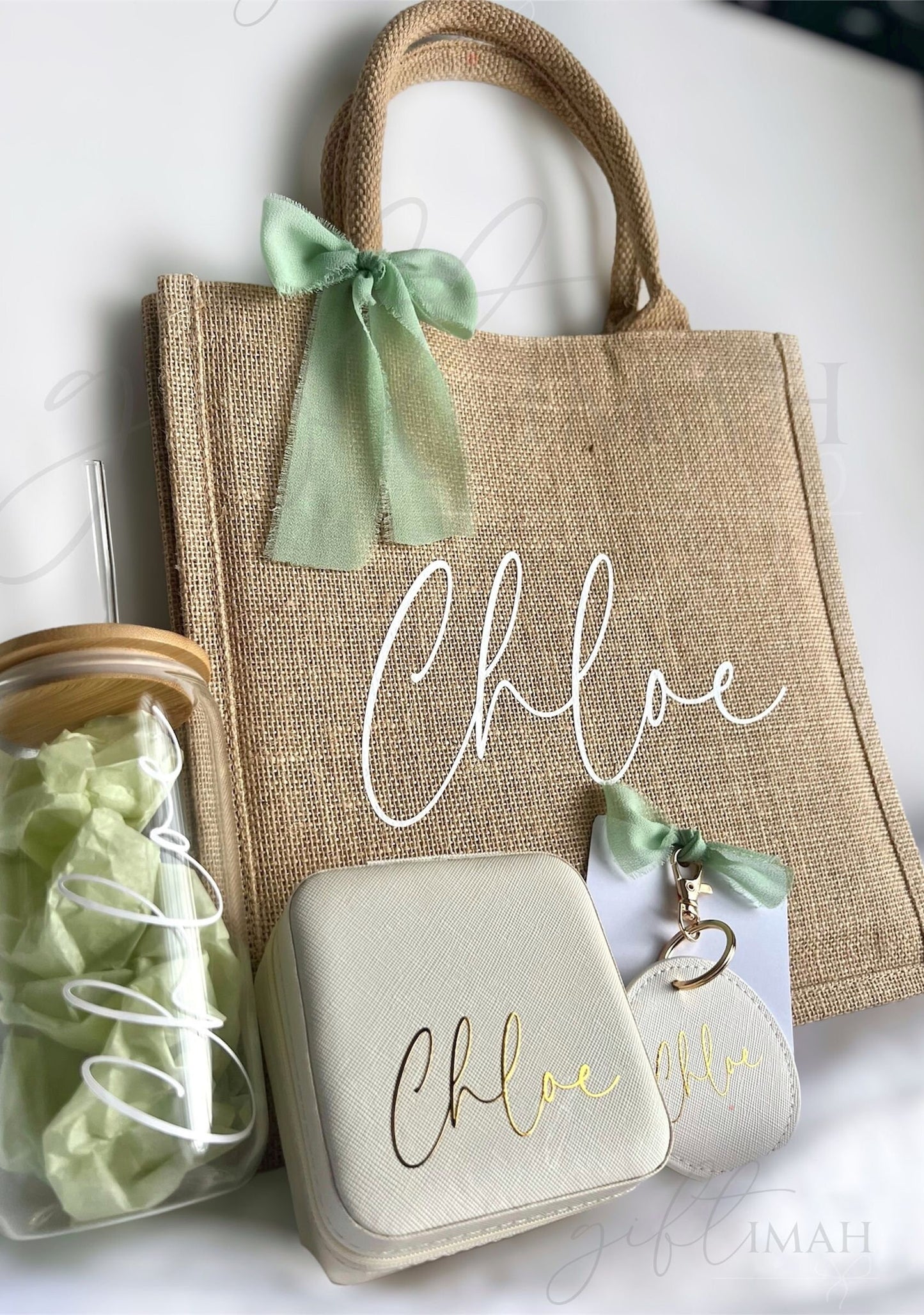 Sage green themed giftset with personalsied burlap bag