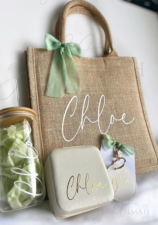 Sage green themed giftset with personalsied burlap bag