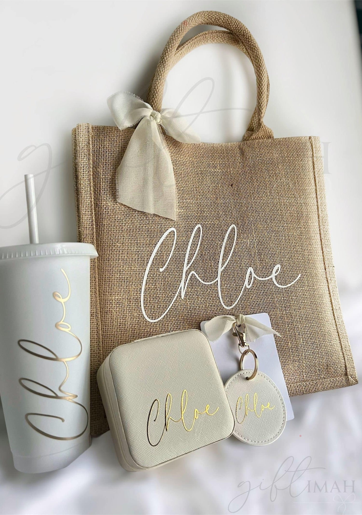 Personalised WHITE Cold cup jute burlap bag jewellery box keyring giftset,Personalised birthday giftset for her,Happy birthday gift,girlgift