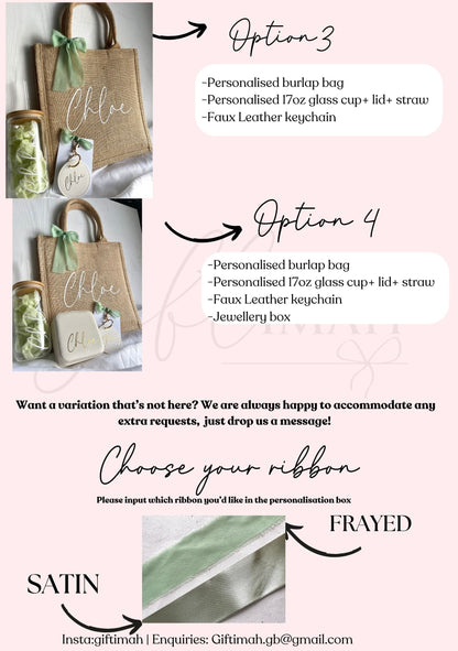 Personalised SAGE GREEN glass cup jute burlap bag jewellery box keyring giftset,Personalised birthday giftset for her,Teacher gift,girl gift