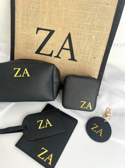 Black Monogram Initial Accessories Gift Set with Burlap Bag
