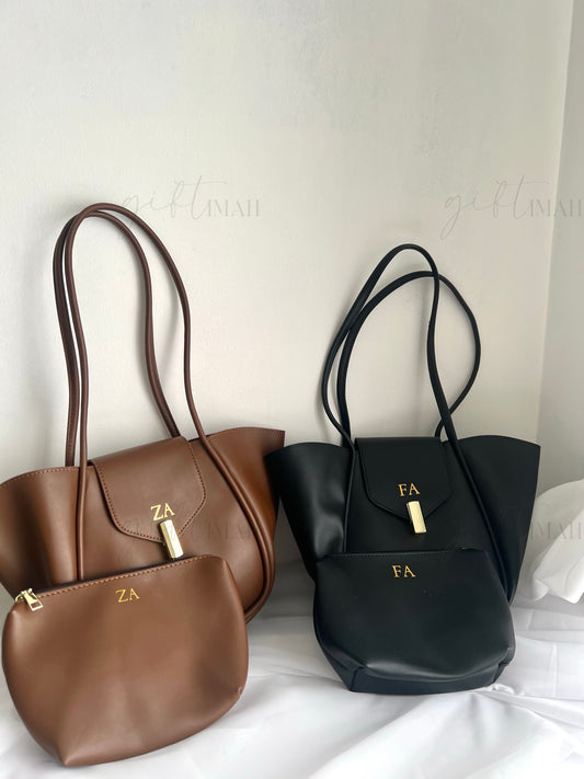 Personalised Long Handle Faux Leather Tote Bag | Comes with inner personalised pouch