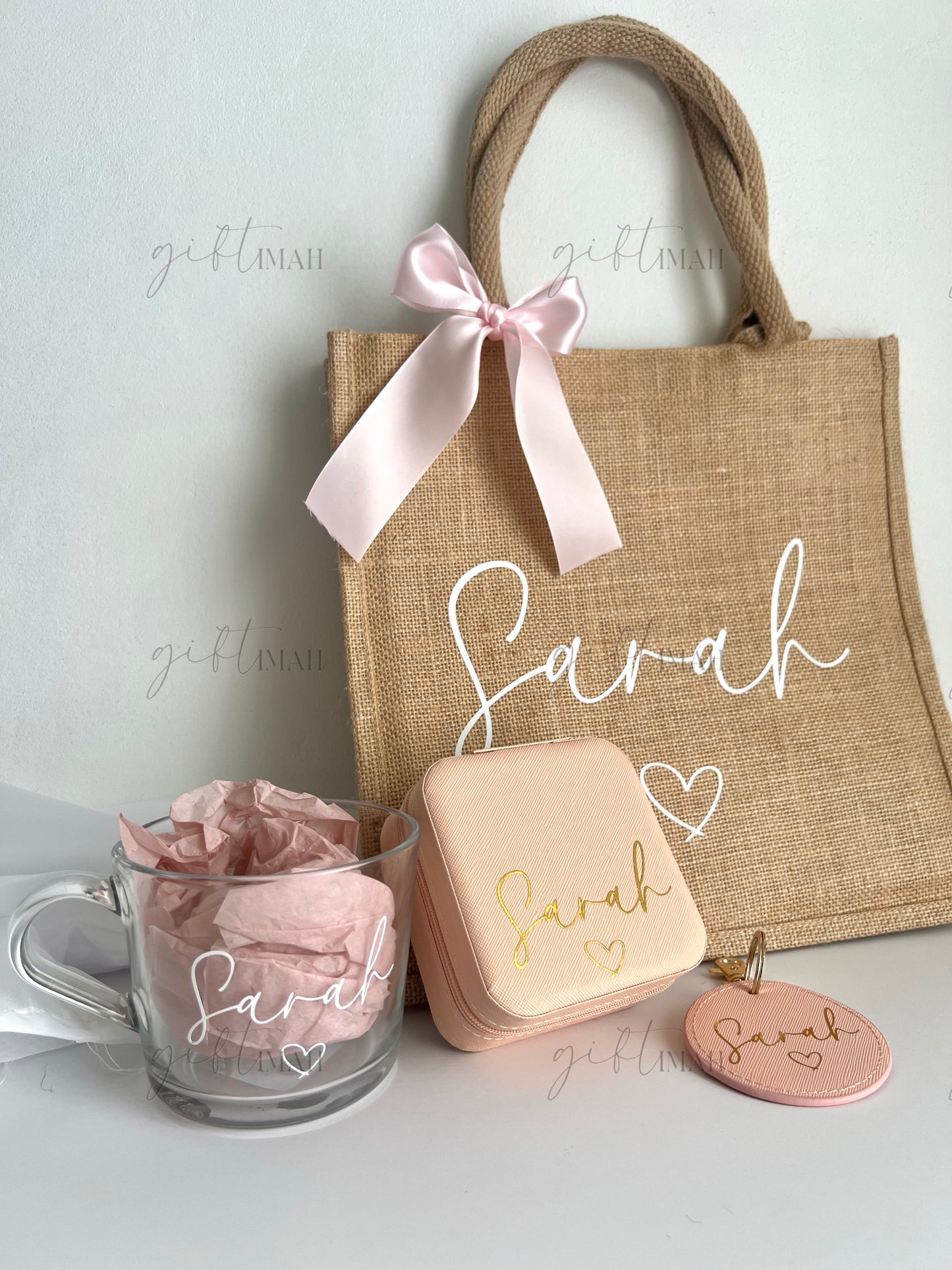 Personalised Glass Mug Burlap Bag Giftset | Available in 5 colours: Pink, Sage Green, Blue, Black, White
