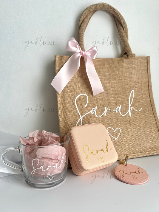 Personalised Glass Mug Burlap Bag Giftset | Available in 5 colours: Pink, Sage Green, Blue, Black, White