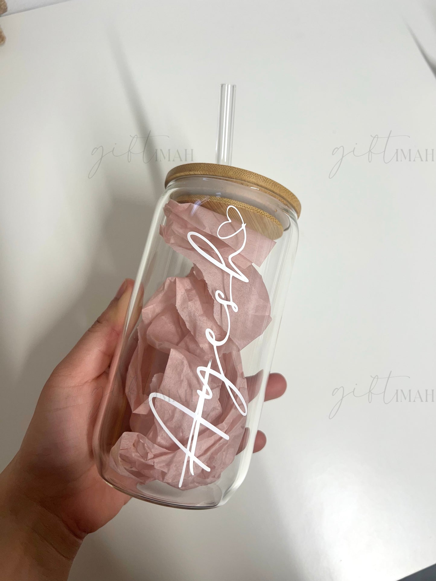 Personalised Glass Can Cup with Bamboo Lid & Straw – 473ml (16oz) | Frosted & Clear Options