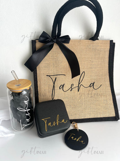 Personalised Glass Cup with Black Rim Burlap Bag Giftset