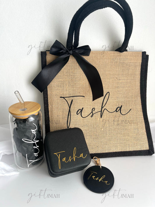 Personalised Glass Cup with Black Rim Burlap Bag Giftset