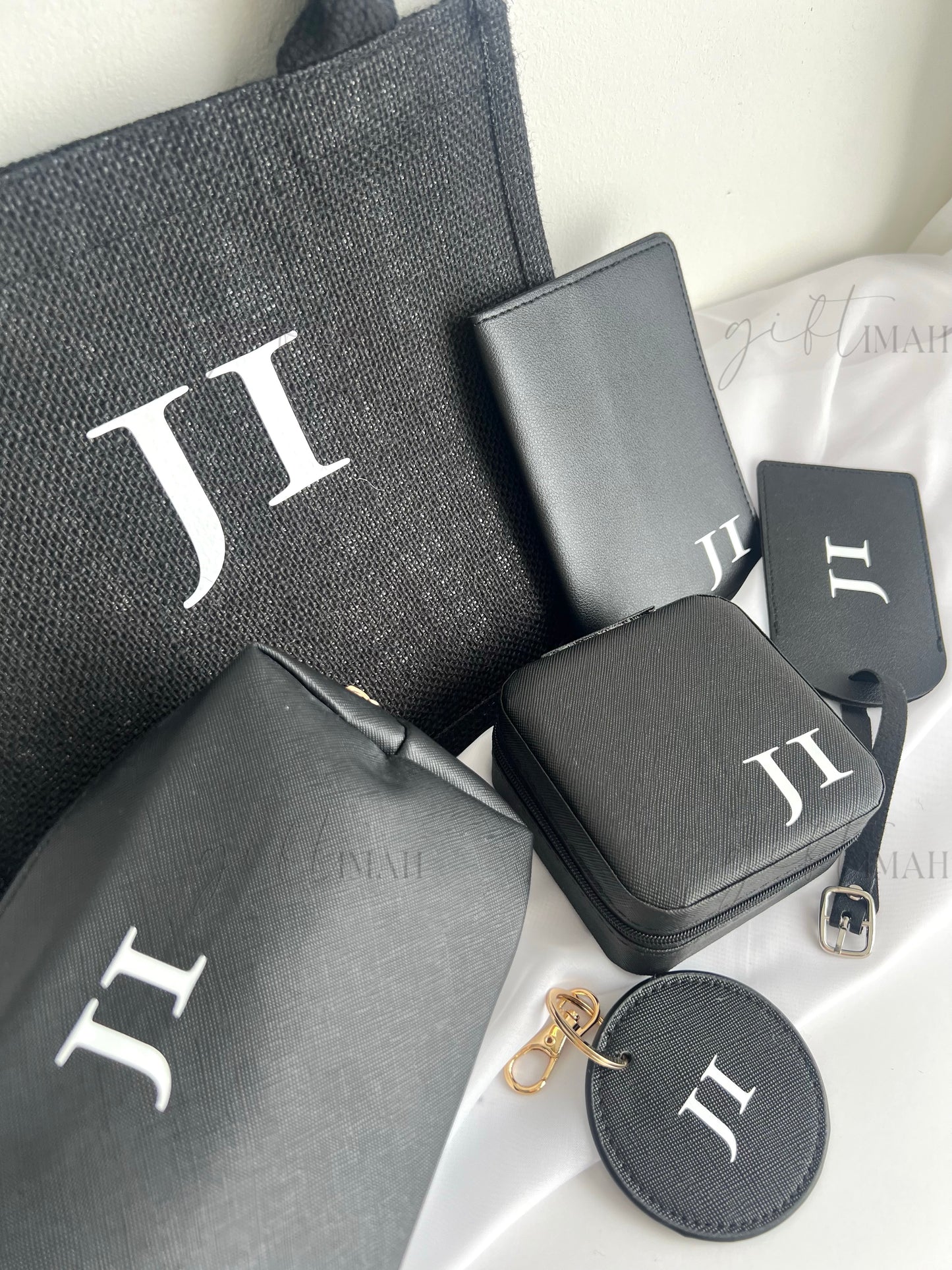 Monochrome Monogram Initial Accessories Gift Set with Burlap Bag
