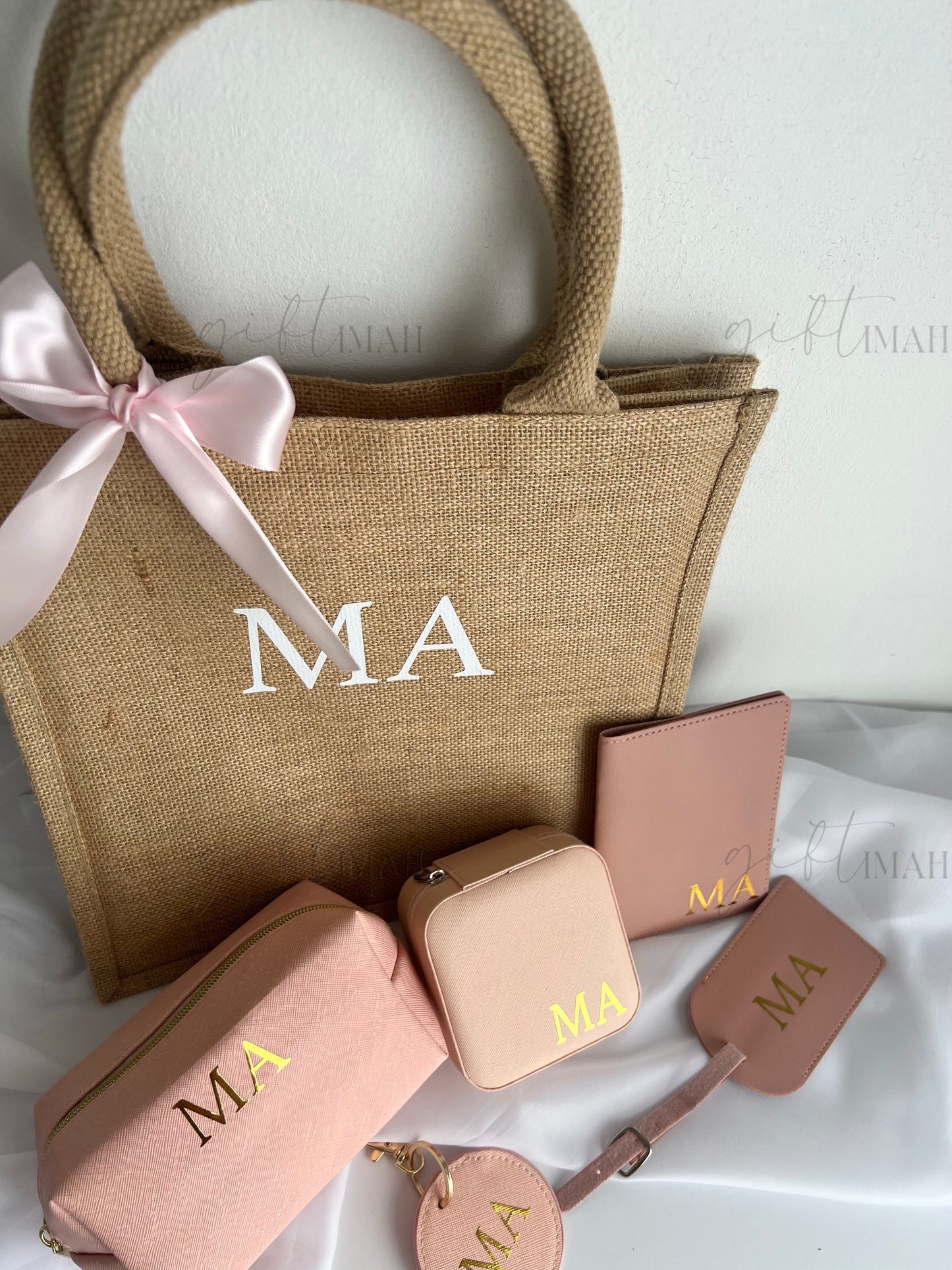 Pink Monogram Initial Accessories Gift Set with Burlap Bag