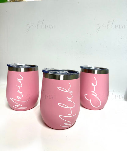 Personalised Pink 12oz Stainless Steel Tumbler with Lid – Insulated Stemless Travel Mug