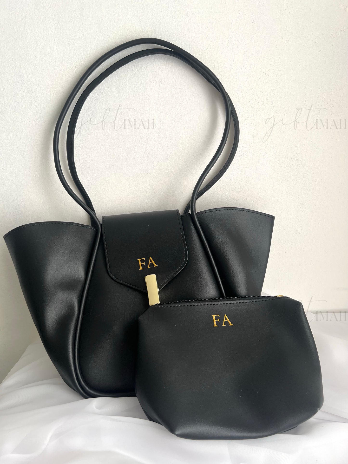 Personalised Long Handle Faux Leather Tote Bag | Comes with inner personalised pouch