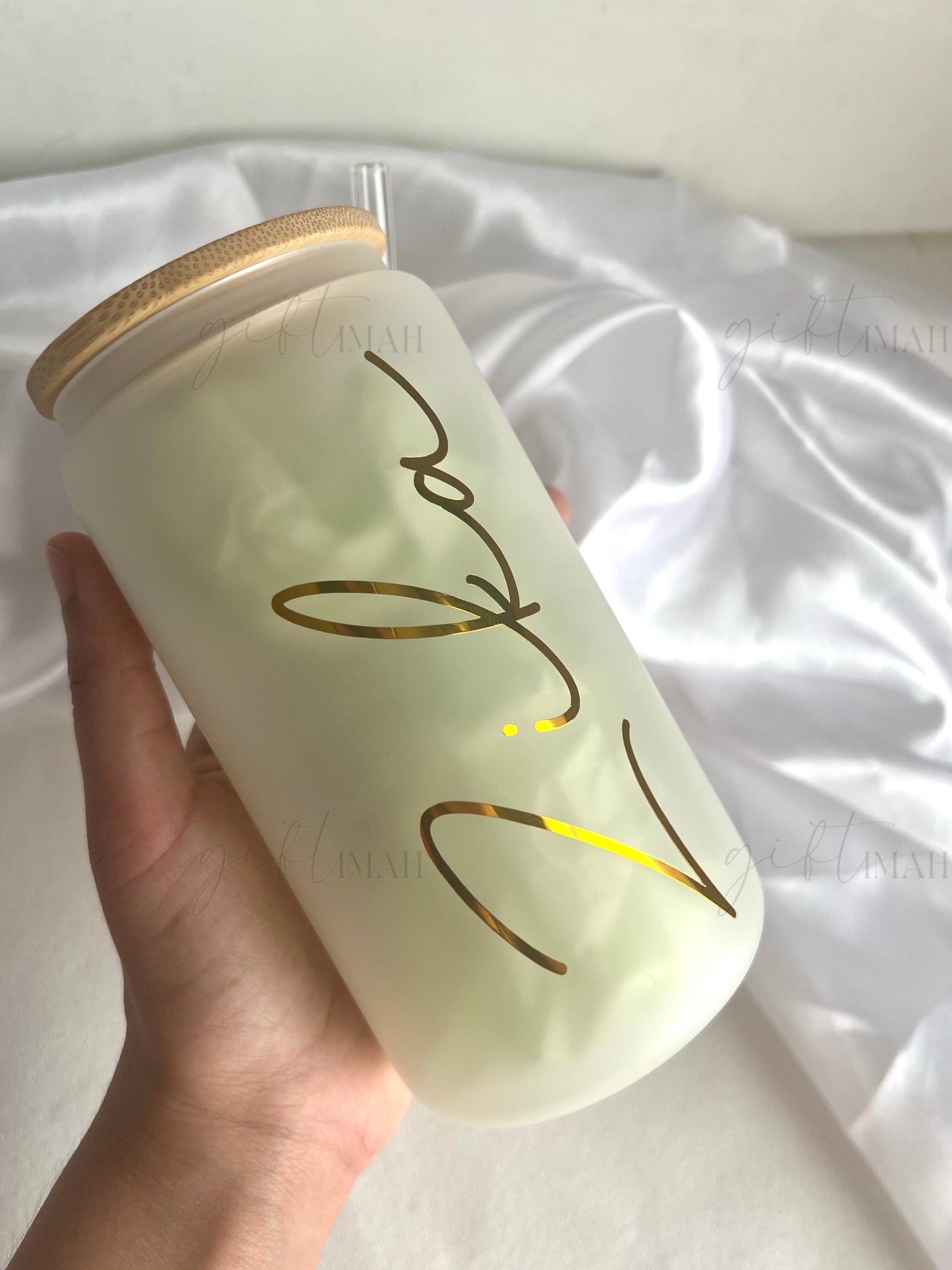 Personalised Glass Can Cup with Bamboo Lid & Straw – 473ml (16oz) | Frosted & Clear Options