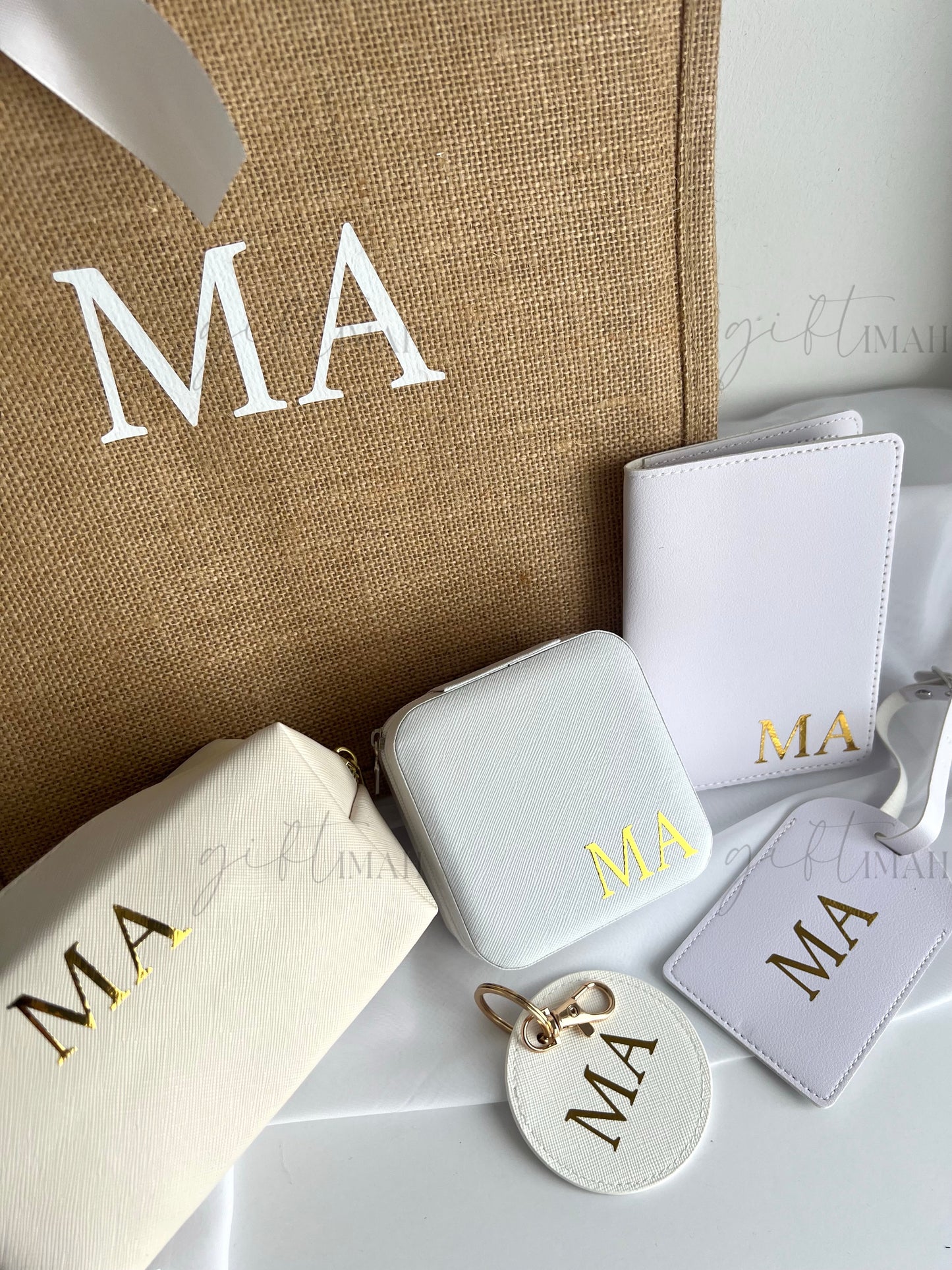 White Monogram Initial Accessories Gift Set with Burlap Bag