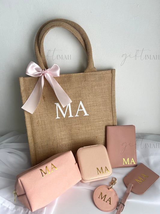 Pink Monogram Initial Accessories Gift Set with Burlap Bag