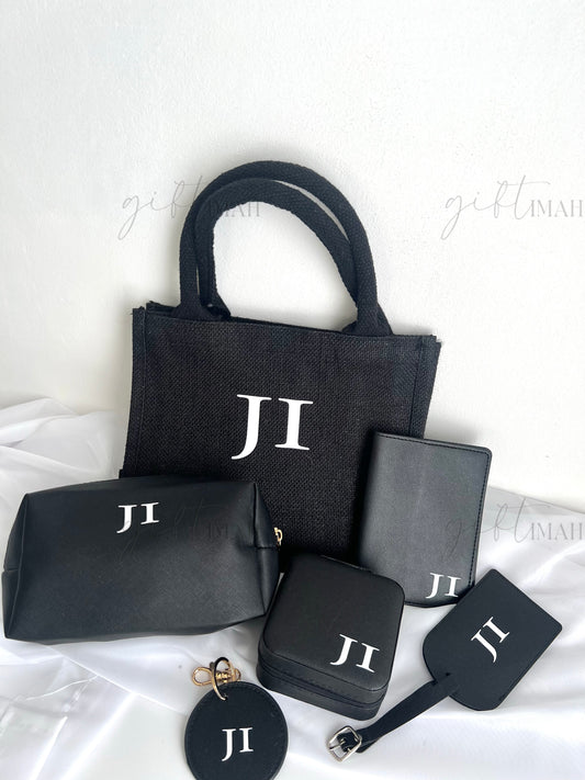 Monochrome Monogram Initial Accessories Gift Set with Burlap Bag