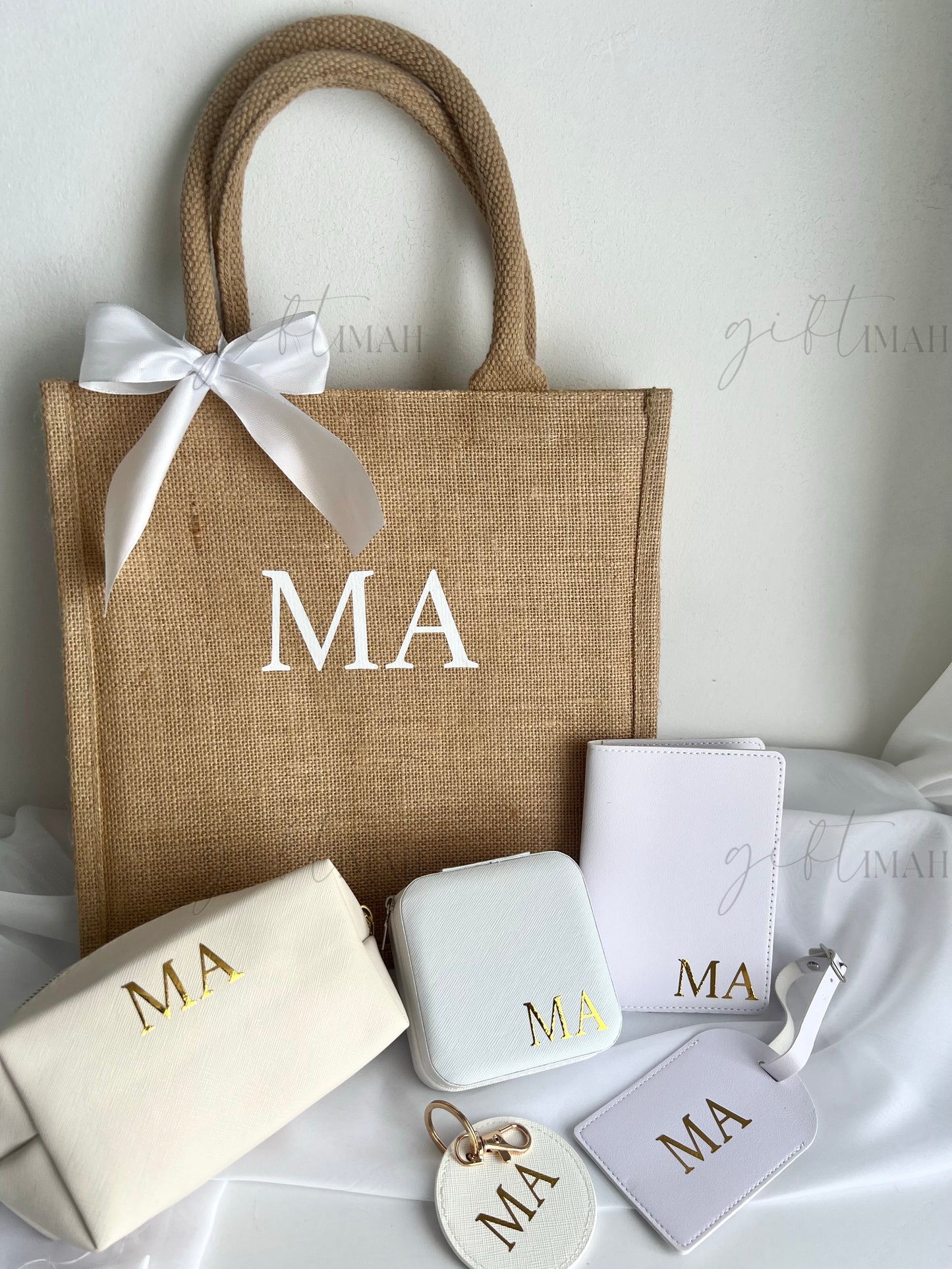 White Monogram Initial Accessories Gift Set with Burlap Bag