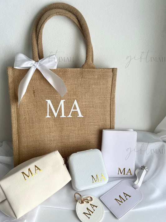 White Monogram Initial Accessories Gift Set with Burlap Bag