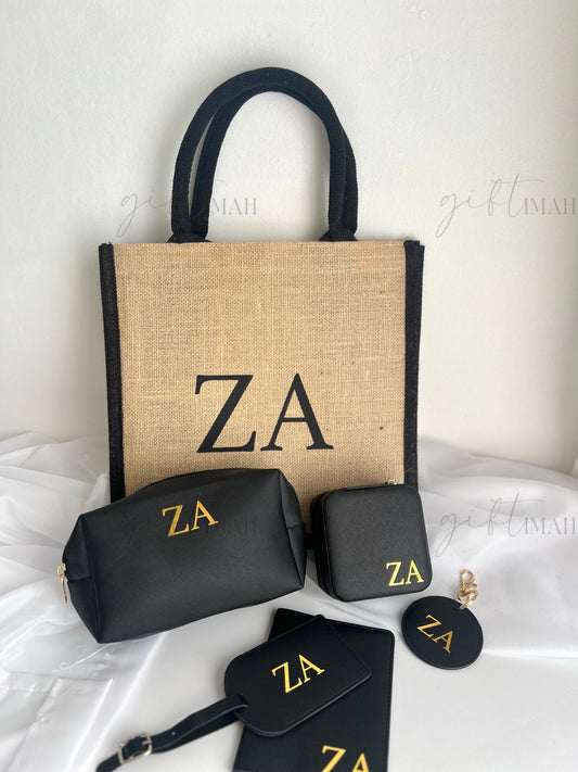 Black Monogram Initial Accessories Gift Set with Burlap Bag