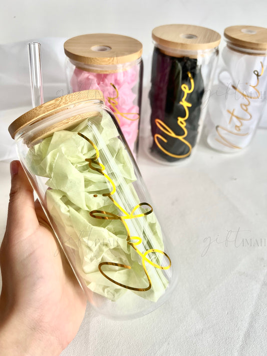 Personalised Glass Can Cup with Bamboo Lid & Straw – 473ml (16oz) | Frosted & Clear Options